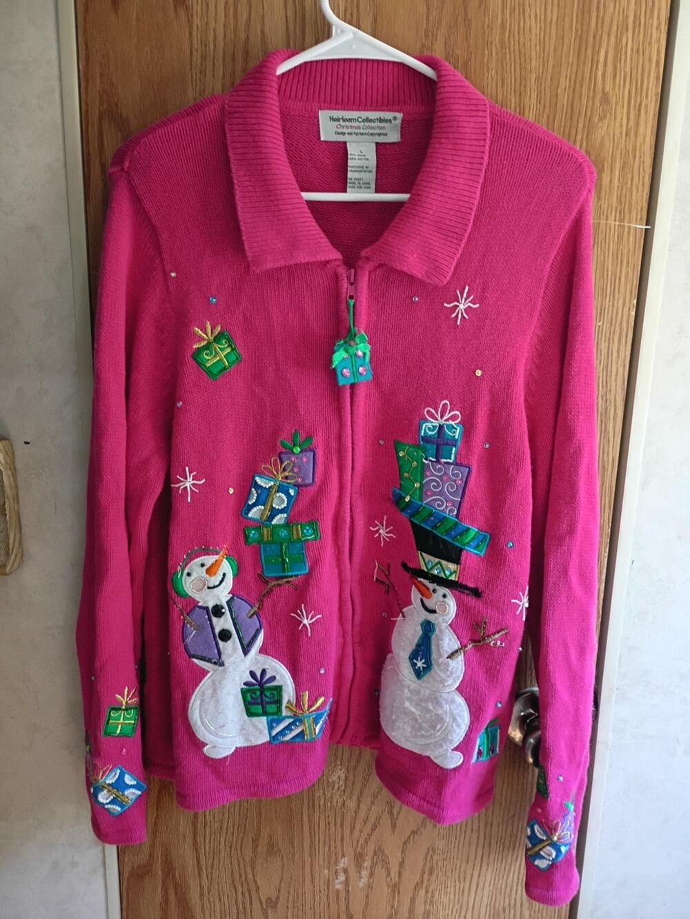 Vintage Heirloom Collectibles Pink Christmas Sweater L Snowman Sequin 3D FullZip